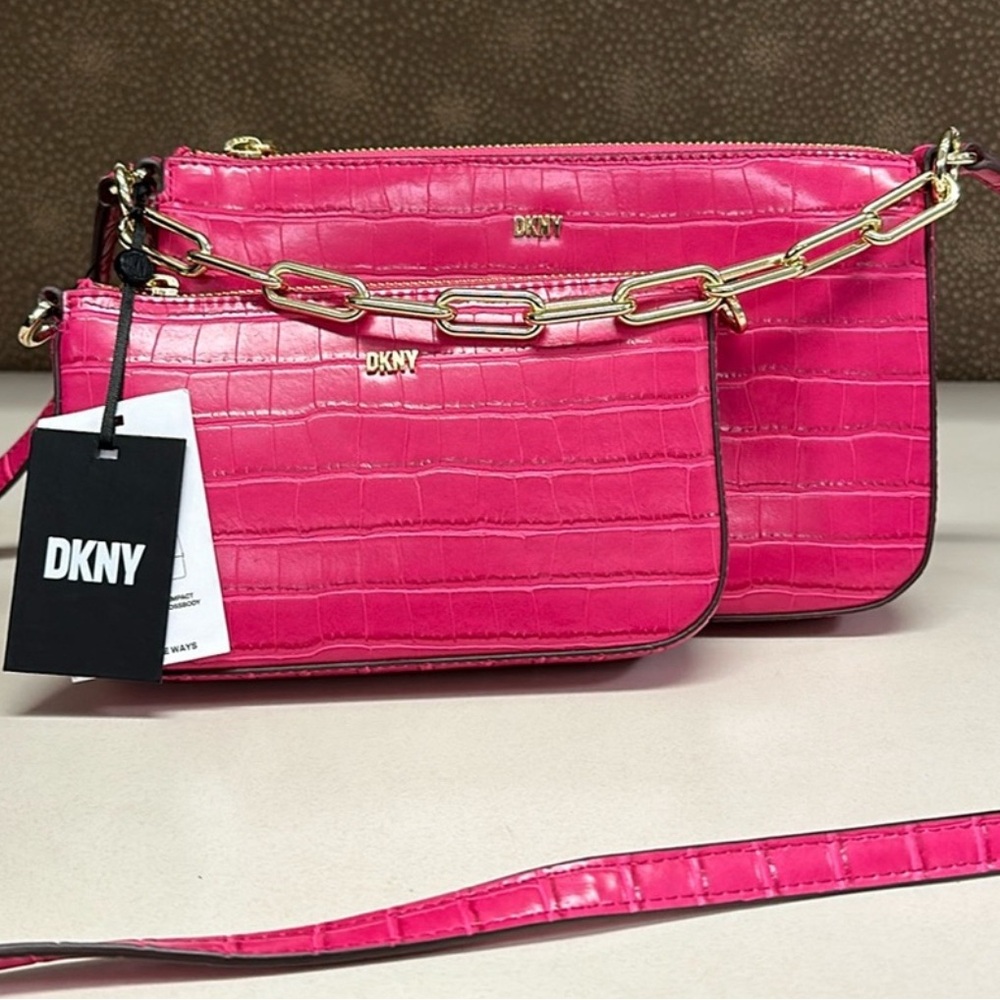DKNY Double Crossbody Hot Pink Chain Bag Set of 2 Bags AUTHENTIC NEW - Picture 7 of 14